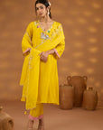 Yellow Silk Embroidered Kurta Set With Dupatta