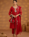 Red Silk Embroidered Kurta Set With Dupatta