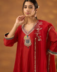 Red Silk Embroidered Kurta Set With Dupatta
