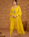 Yellow Silk Embroidered Kurta Set With Duapatta
