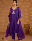 Purple Silk Embroidered Kurta Set With Dupatta