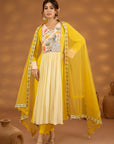Yellow Colorblock Emroidered Kurta Set With Dupatta
