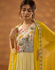 Yellow Colorblock Emroidered Kurta Set With Dupatta
