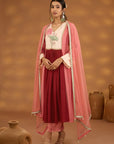 Red  And Pink Color Block Embroidered Kurta Set
