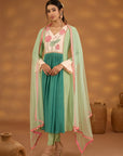 Green Colorblock Embroidered Kurta Set With Dupatta