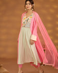 Pink And Aqua Colorblock Embroidered Kurta Set