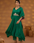 Green Chiffon Satin Embroidered Drape Kurta Set