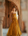 Gold Floral Organza Embroidered
 Printed Lehenga Set
