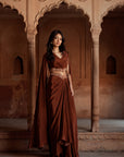 Brown Embroidered Drape Top And  Skirt Set