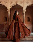 Brown Embroidered Drape Top And  Skirt Set