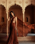 Brown Embroidered Pre Stitch Drape Saree Set