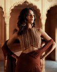 Brown Embroidered Pre Stitch Drape Saree Set