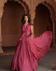 Mulberry Pink Printed And Embroidered Silk  Lehenga Set