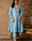 Metallic Pastel Blue Silk Embroidered Kurta Set