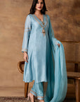 Metallic Pastel Blue Silk Embroidered Kurta Set