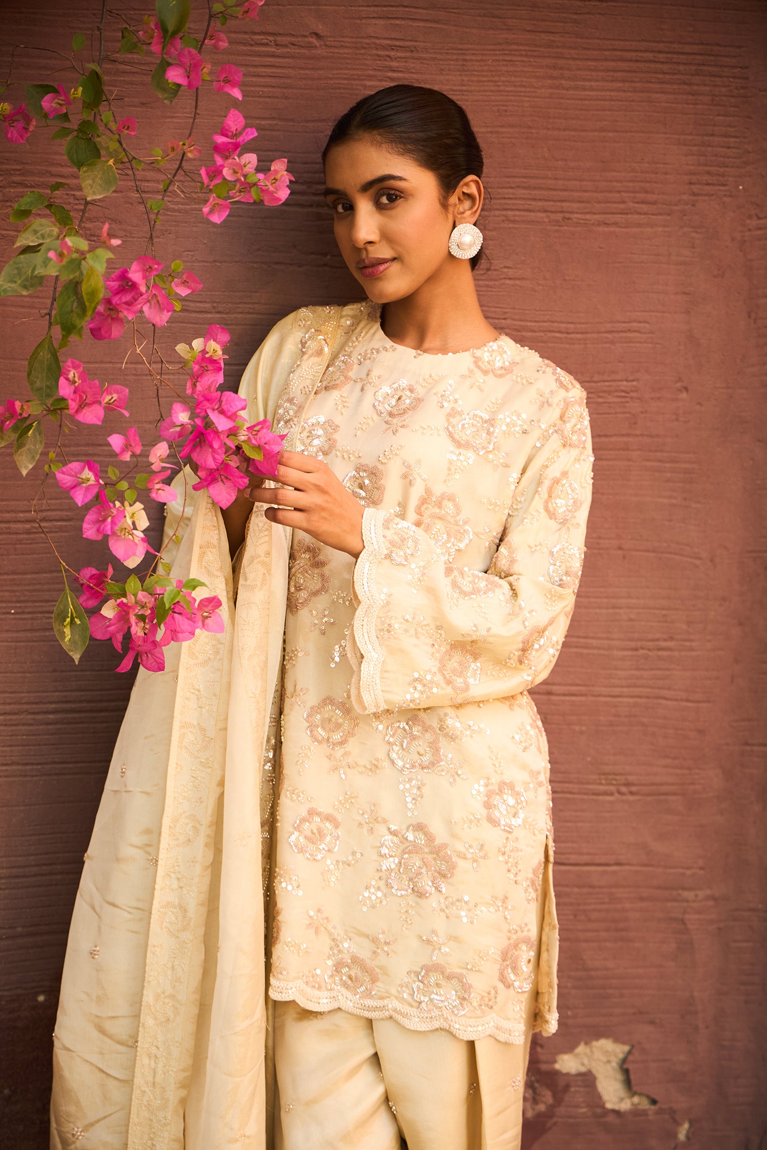 Inaayat Rose Embroidered Tunic Set - Beige &amp; Cream