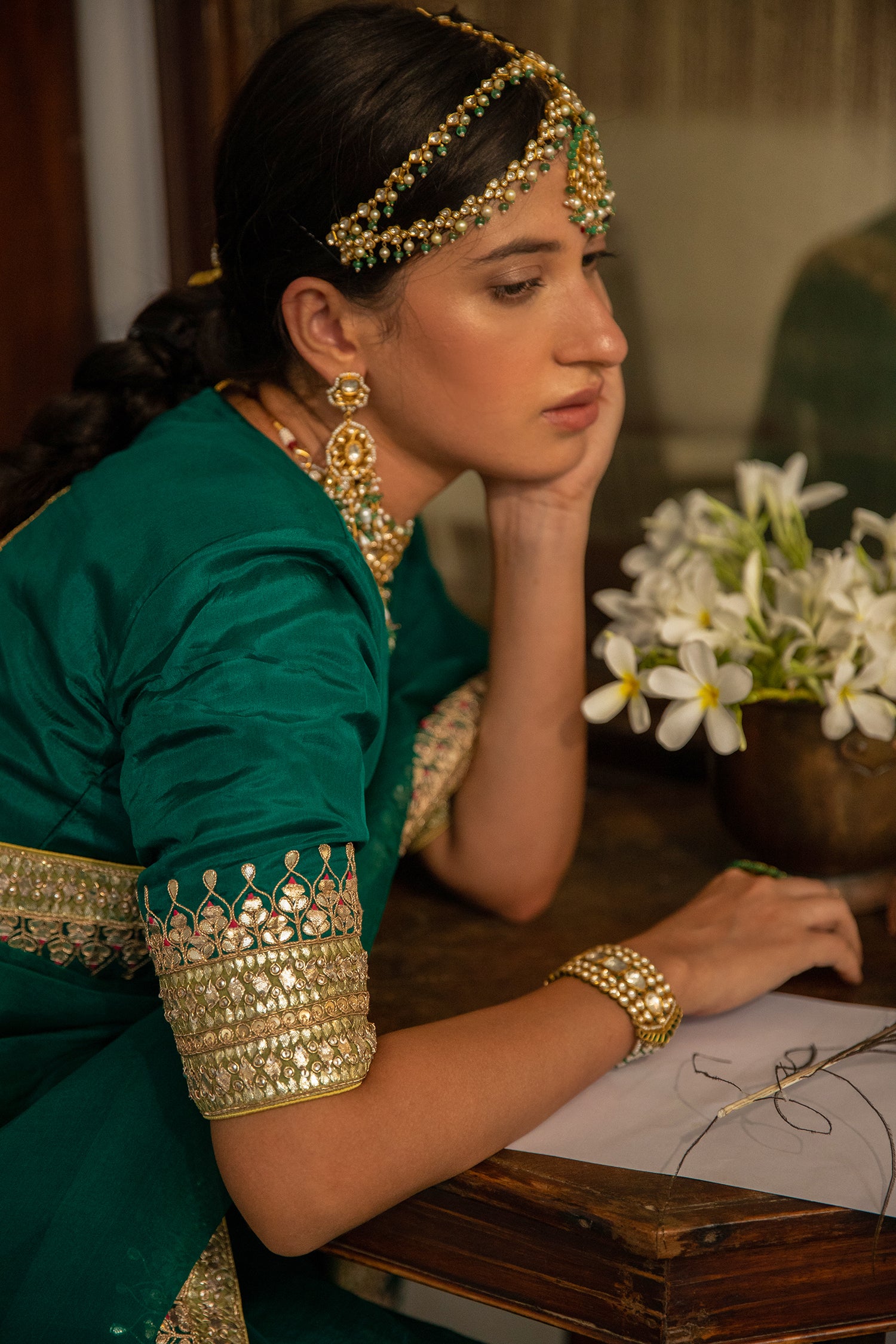 Emerald Green Hand Embroidered Gota Patti Bridal Saree Set