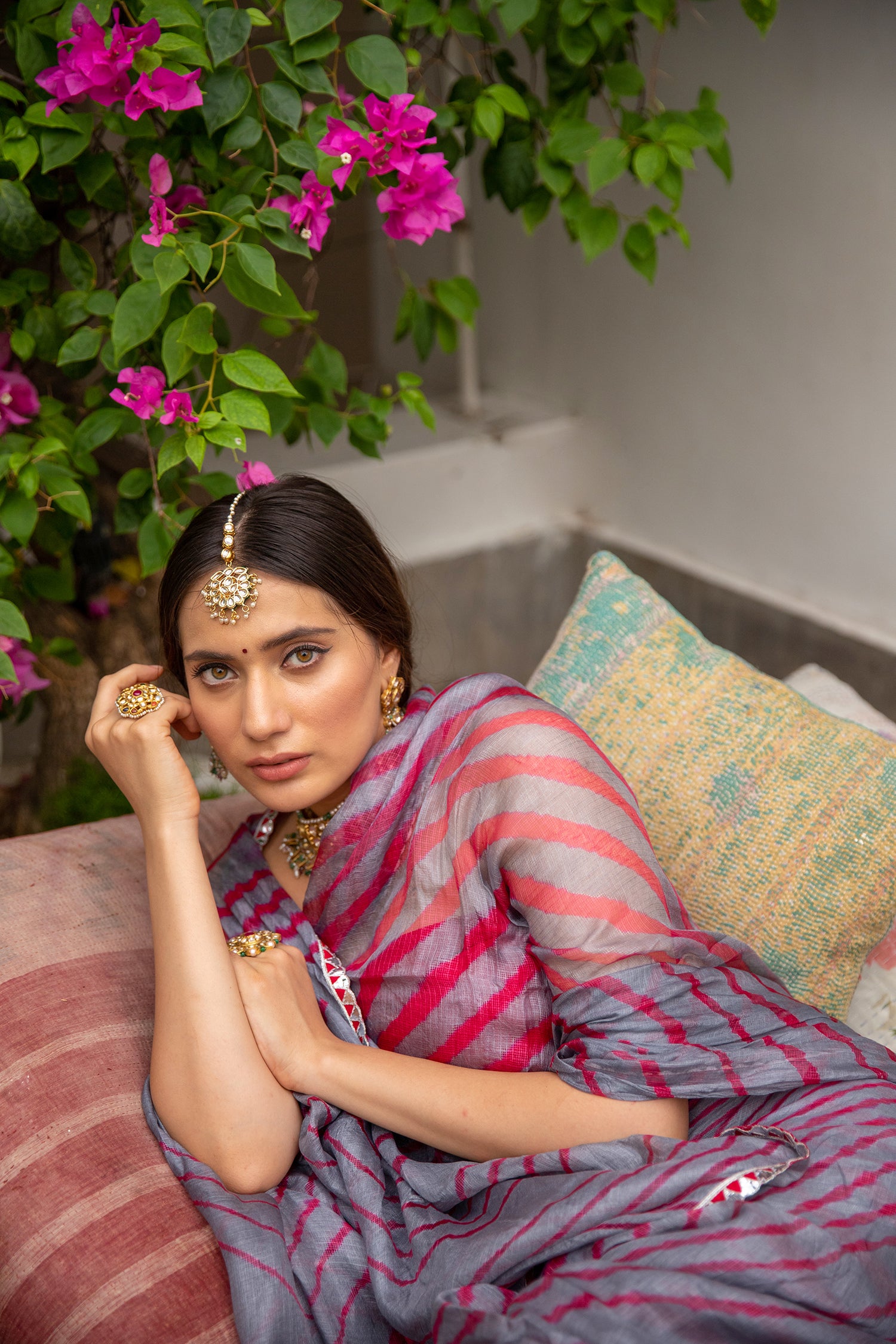 Grey-Red Hand Embroidered Lahariya Saree Set