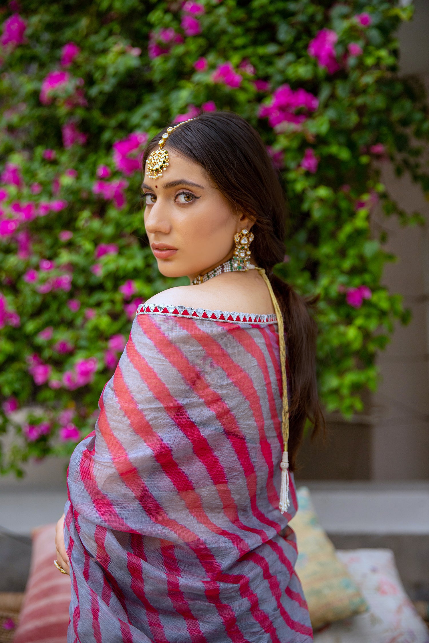 Grey-Red Hand Embroidered Lahariya Saree Set