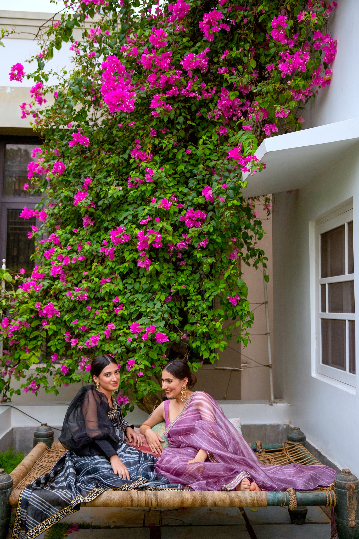 Lilac Hand Embroidered Lahariya Saree Set