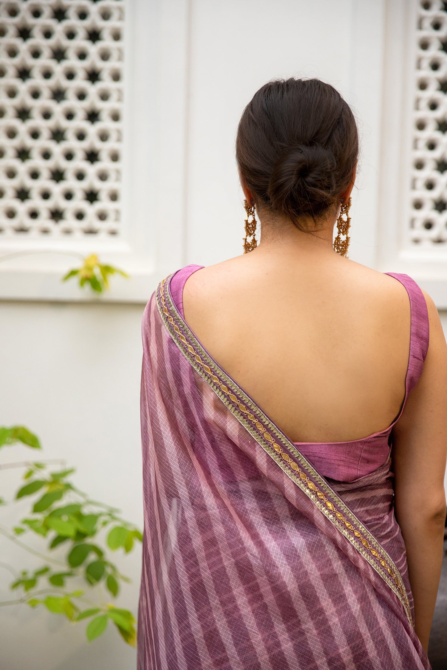 Lilac Hand Embroidered Lahariya Saree Set