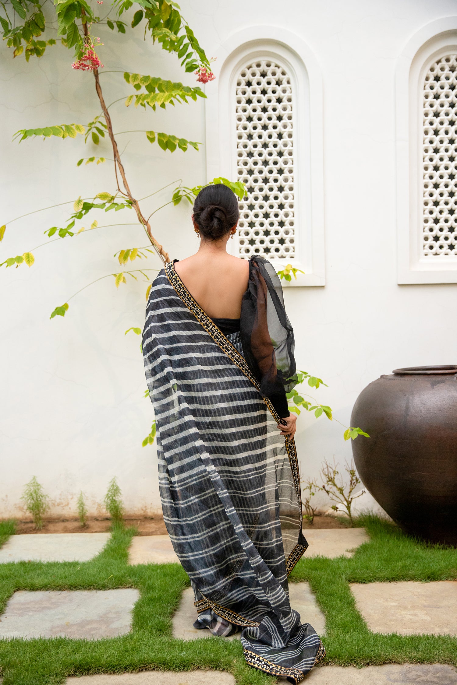 Black Hand Embroidered Lahariya Saree Set