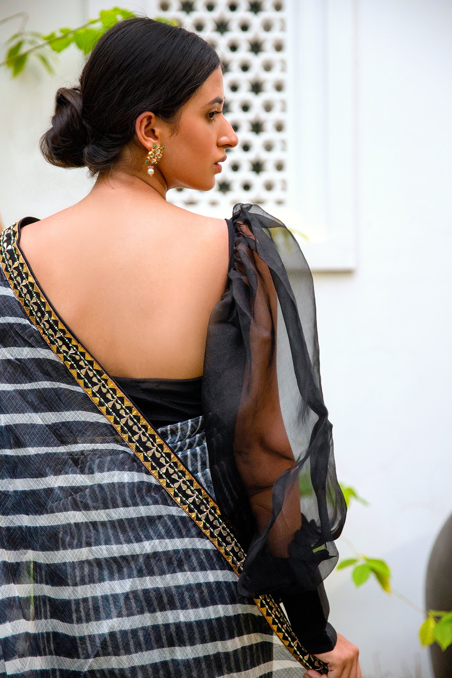 Black Hand Embroidered Lahariya Saree Set