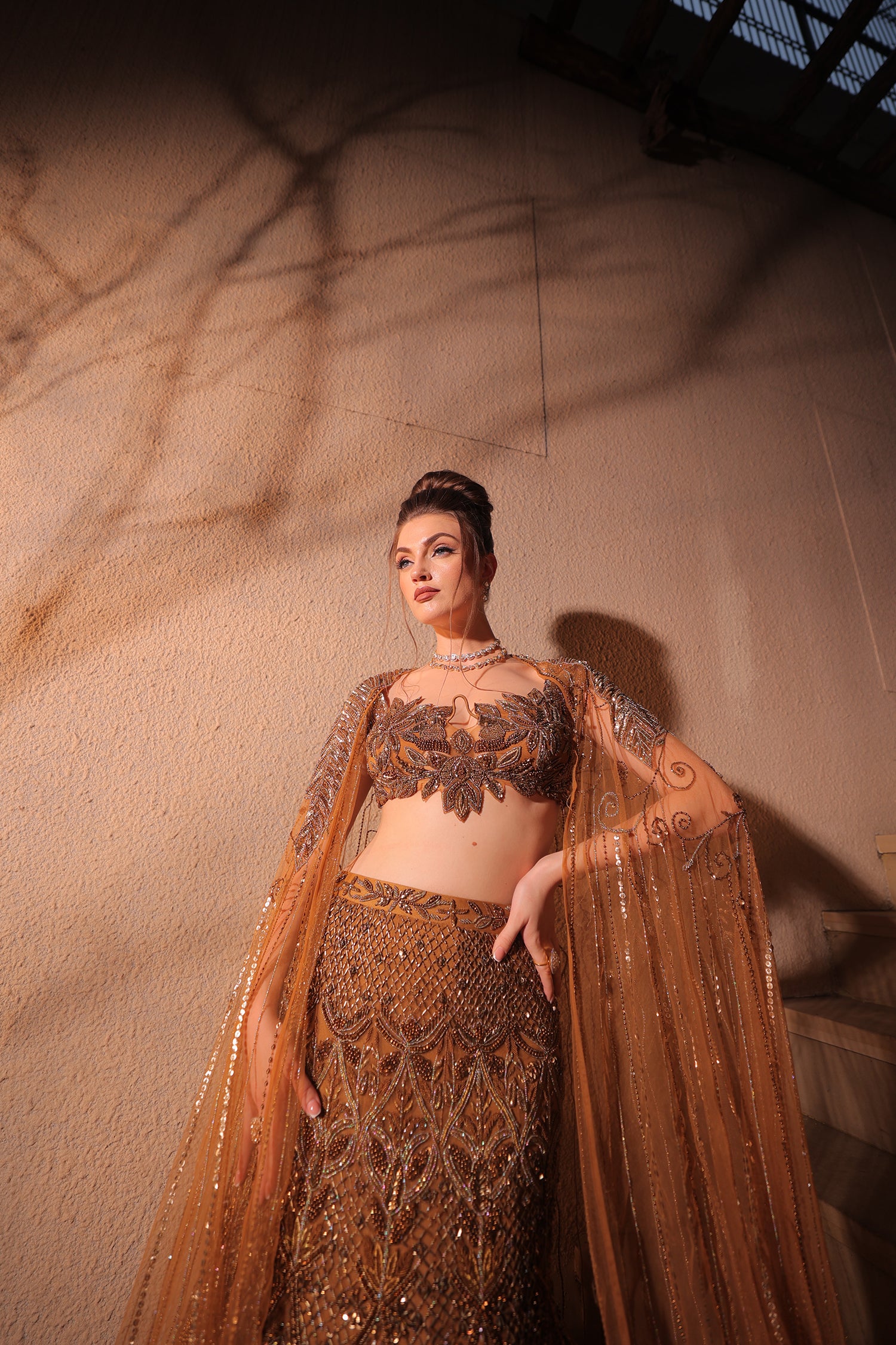 Golden Brown Embroidred Lehenga Set