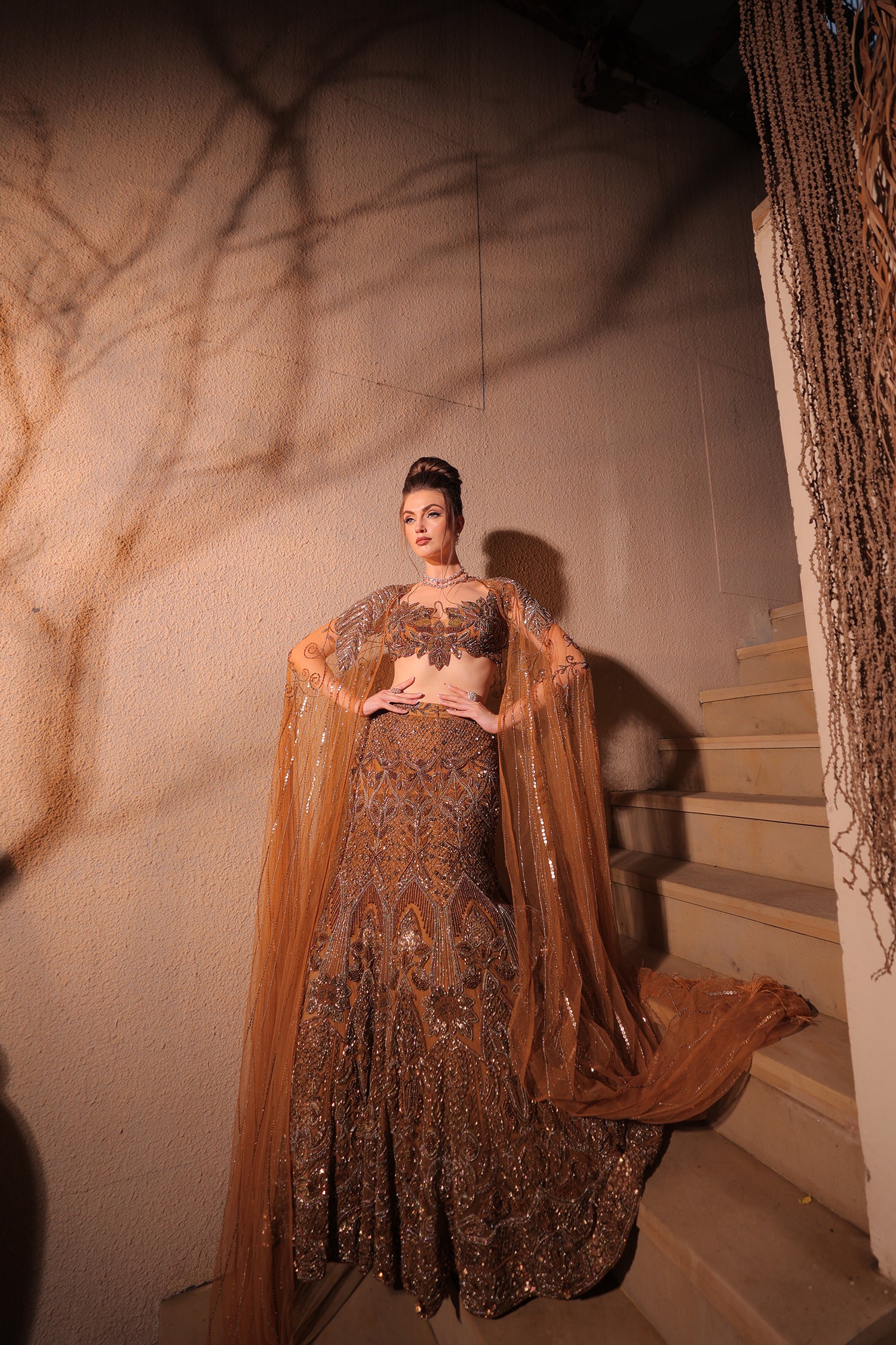 Golden Brown Embroidred Lehenga Set