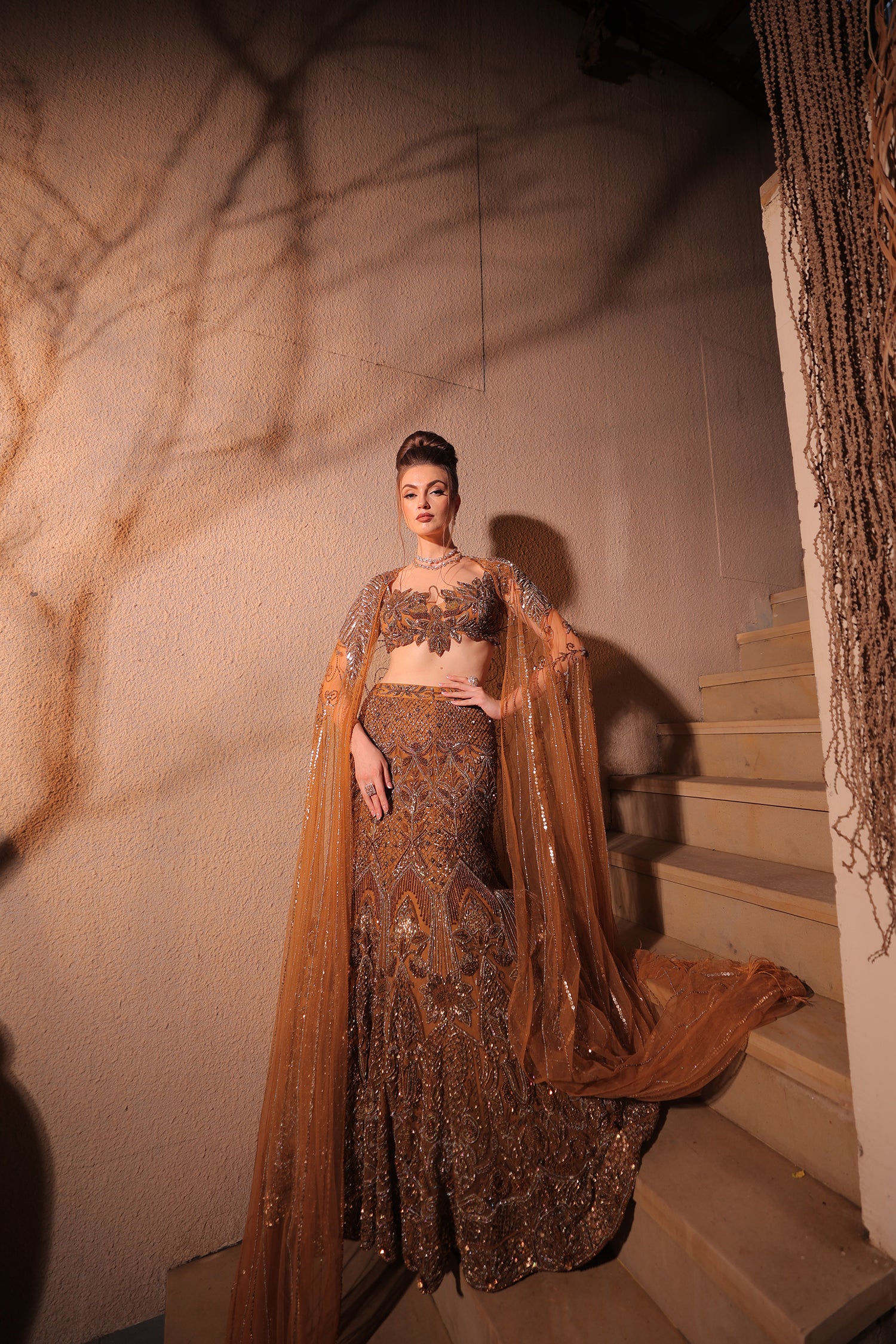 Golden Brown Embroidred Lehenga Set
