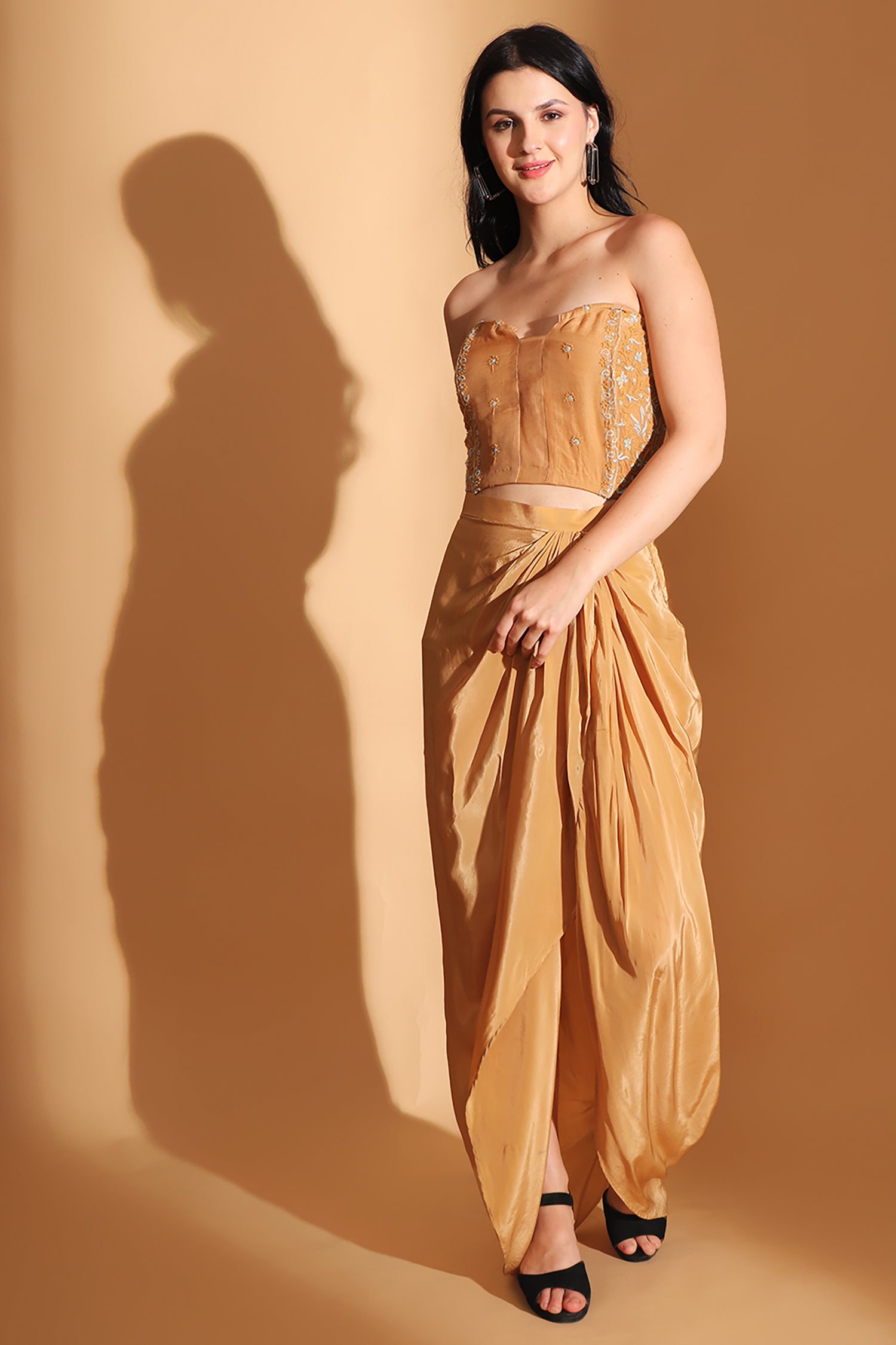 Chikan Co-ord set with Long Shrug - Pastel Orange  Fashefy