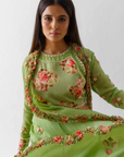 Drape Skirt Set with Ruffle Dupatta - Green