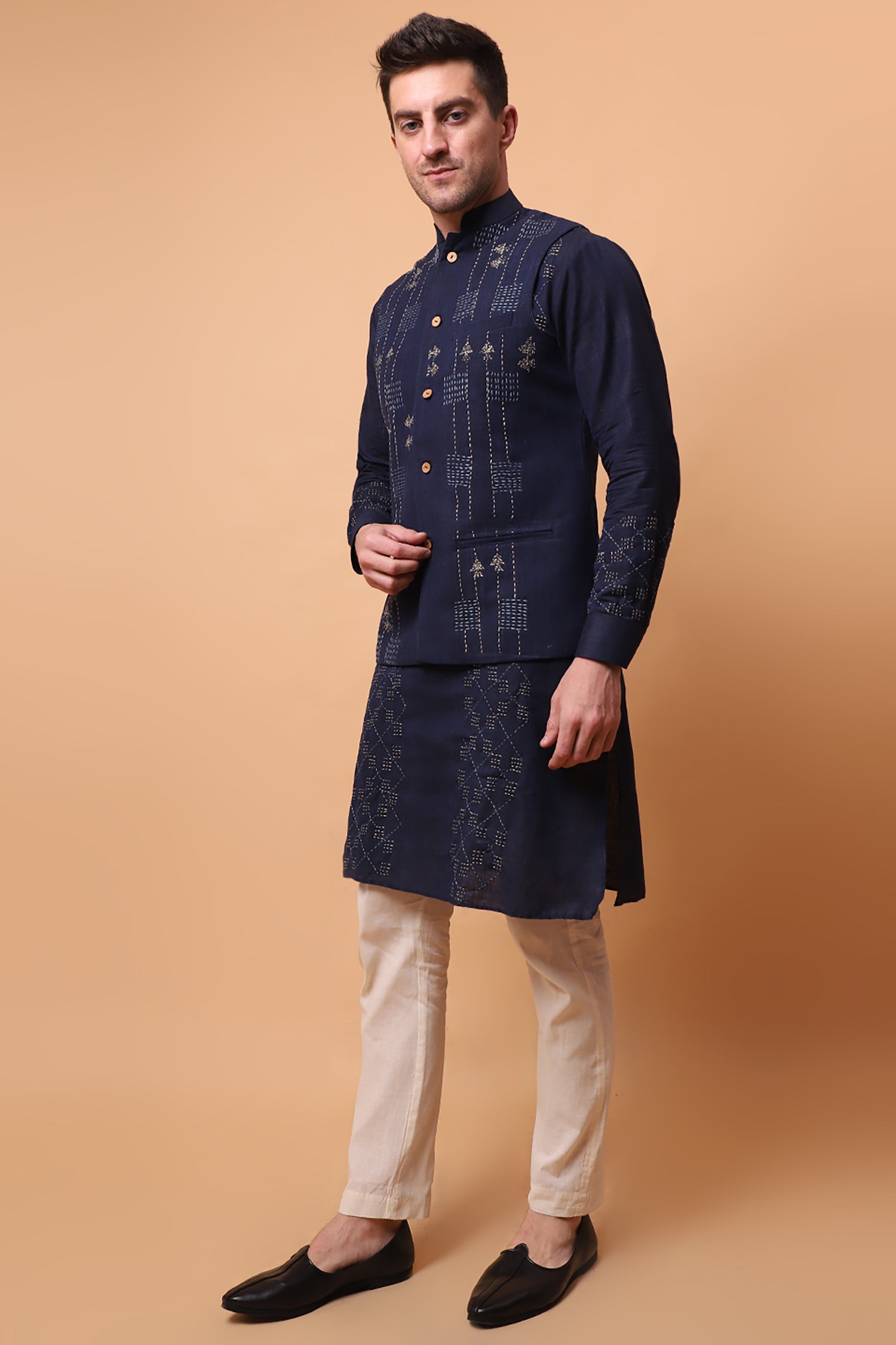 Kantha Work Men Kurta Set - Navy Blue