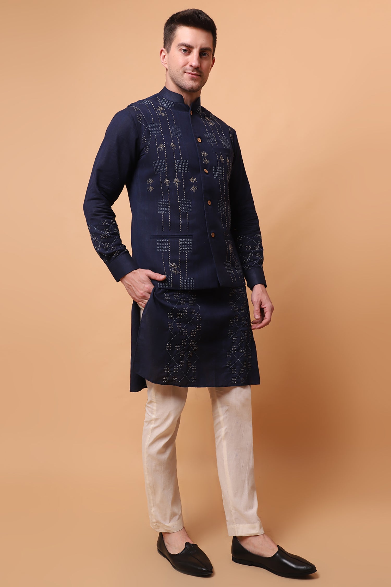 Kantha Work Men Kurta Set - Navy Blue
