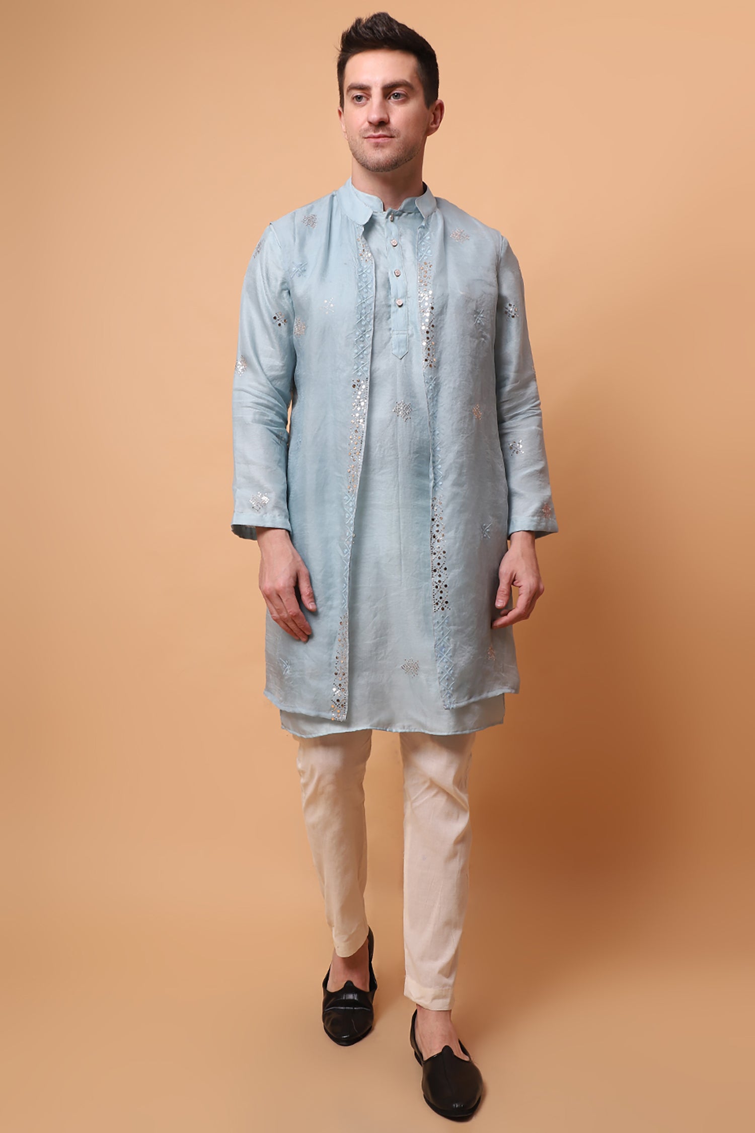 Muqaish Work Men Kurta Set -Sky Blue