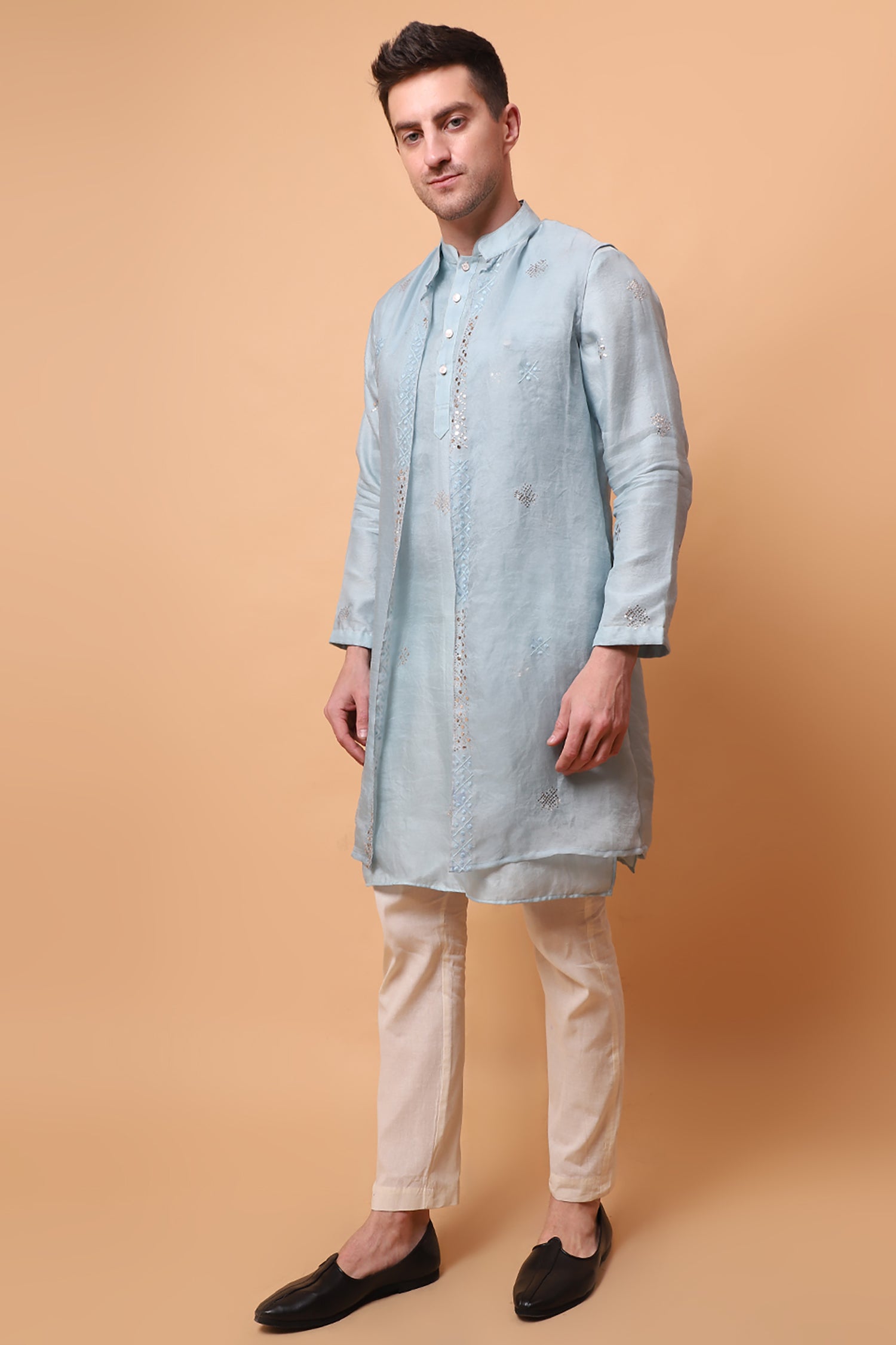 Muqaish Work Men Kurta Set -Sky Blue