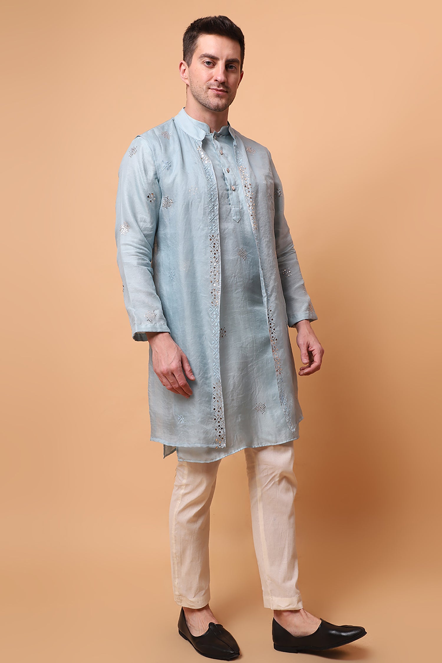 Muqaish Work Men Kurta Set -Sky Blue