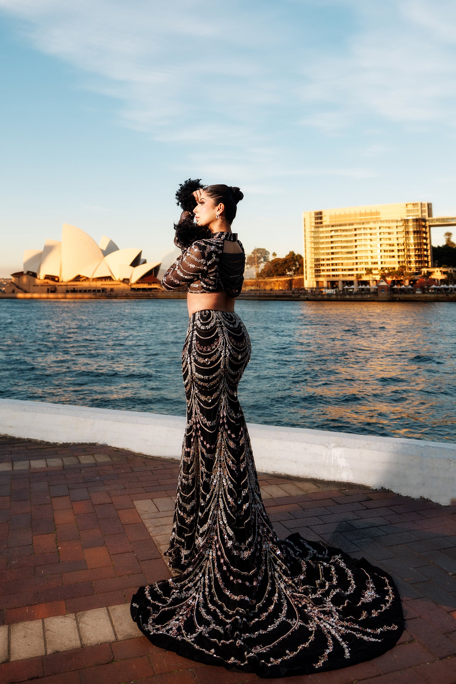 fish cut black dress Black Fish-Cut Gown with Beadwork Embroidery Tavanjo