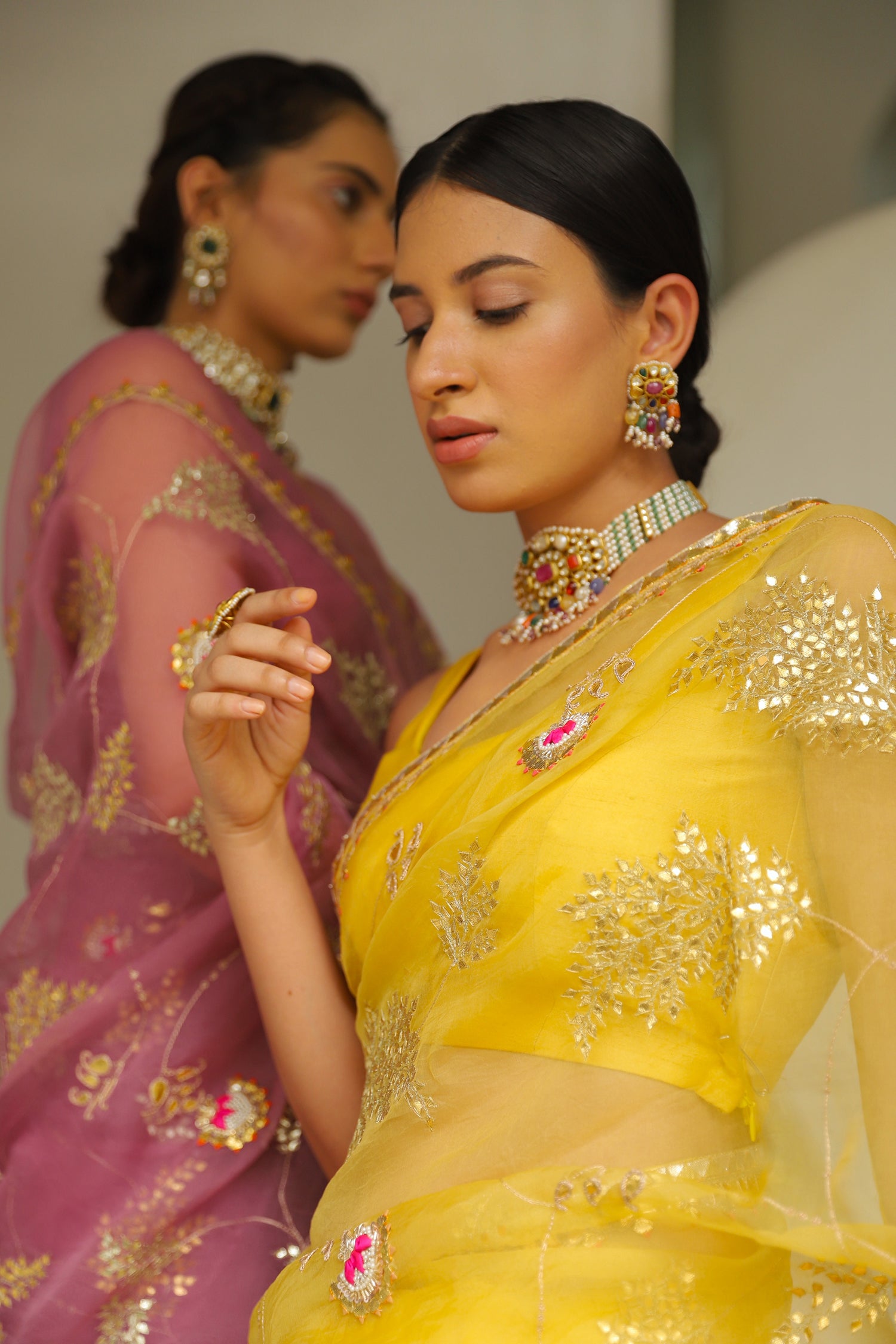Yellow Hand Embroidered Gota Patti Jaal Saree Set