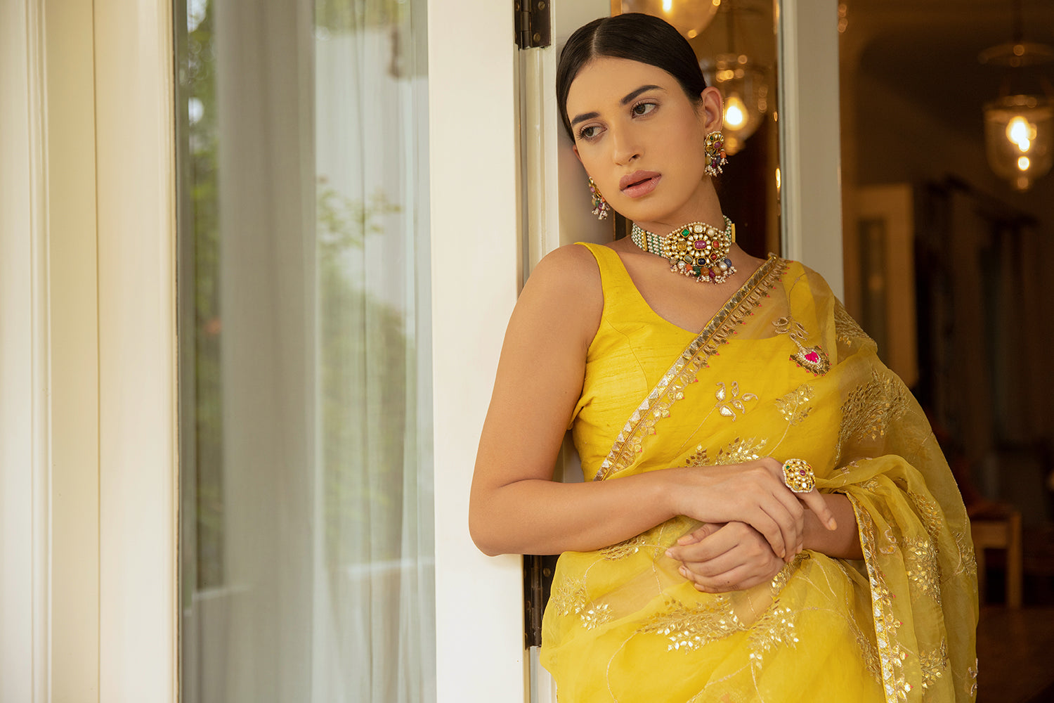 Yellow Hand Embroidered Gota Patti Jaal Saree Set