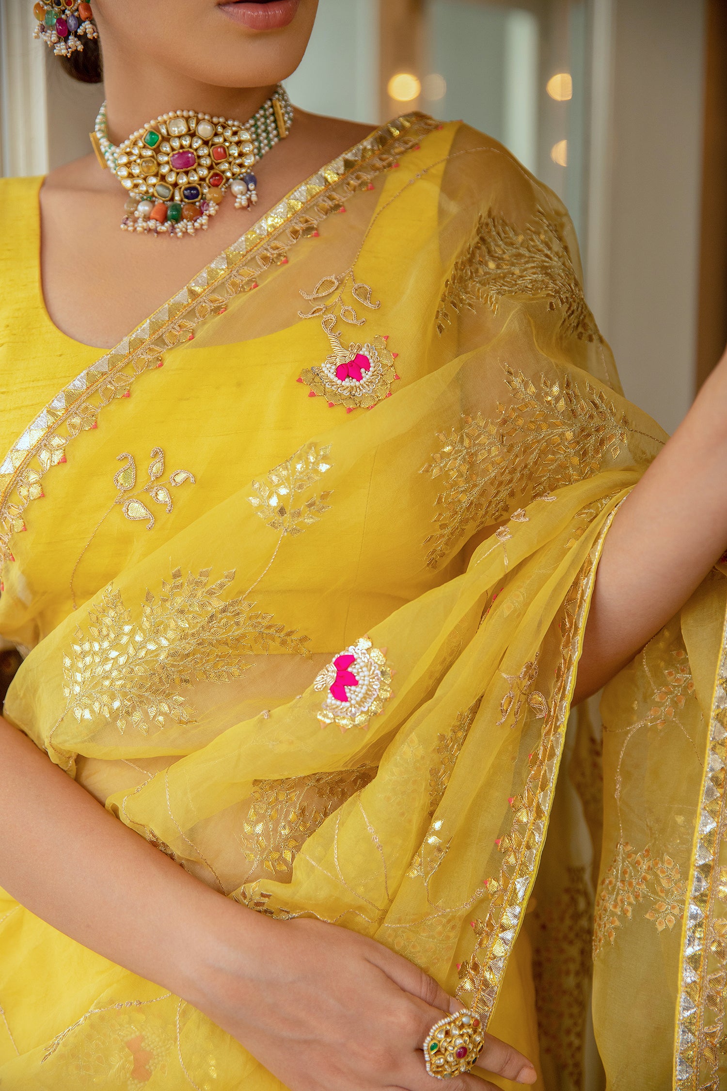 Yellow Hand Embroidered Gota Patti Jaal Saree Set