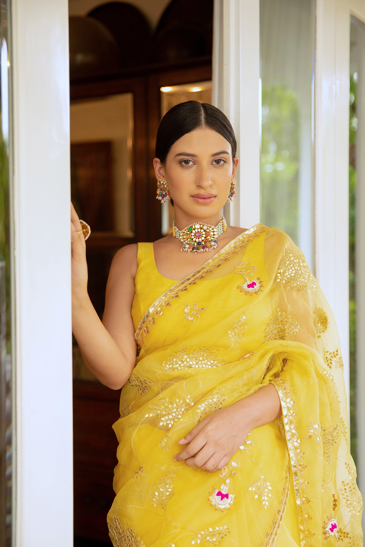 Yellow Hand Embroidered Gota Patti Jaal Saree Set