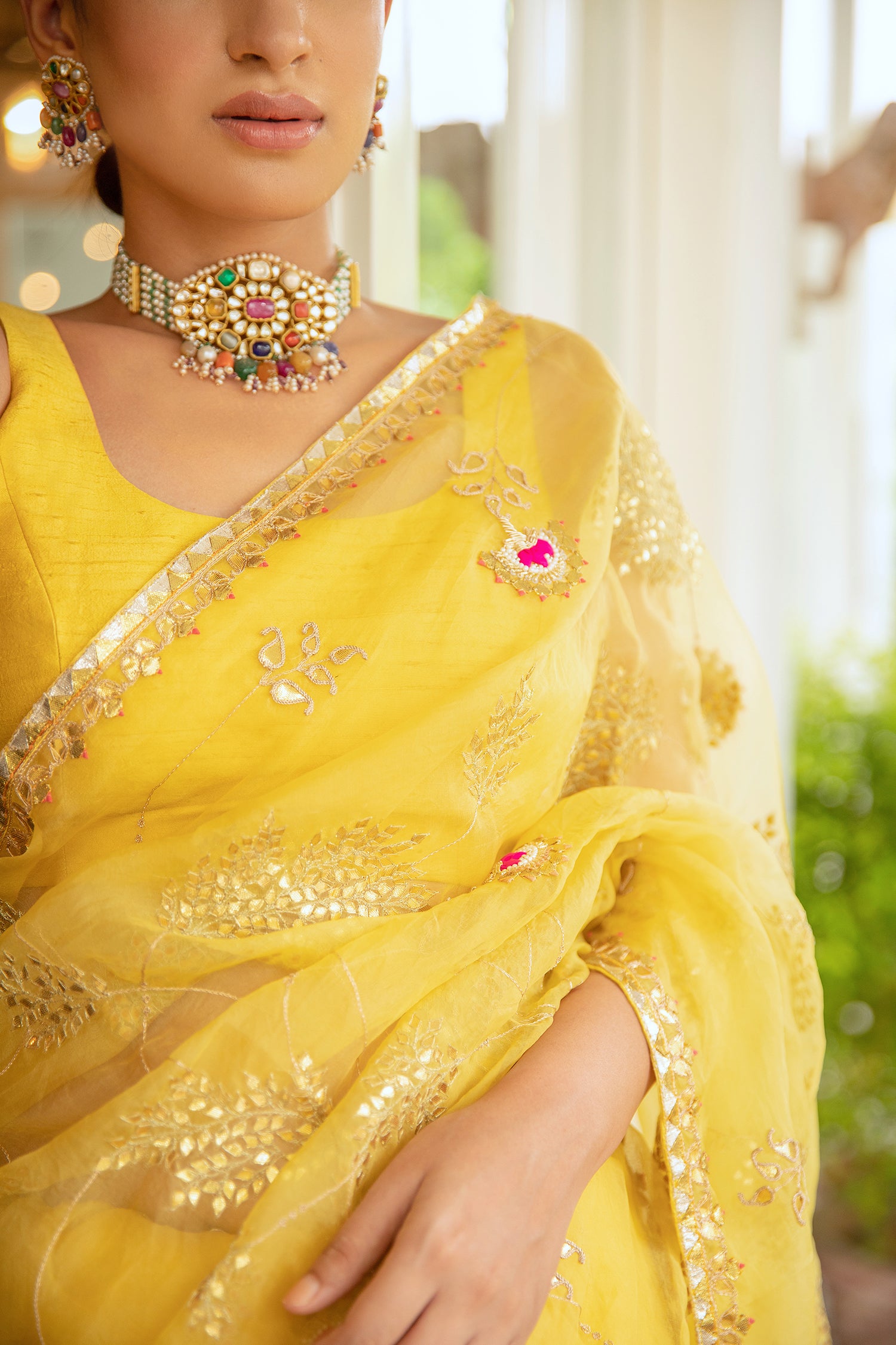 Yellow Hand Embroidered Gota Patti Jaal Saree Set