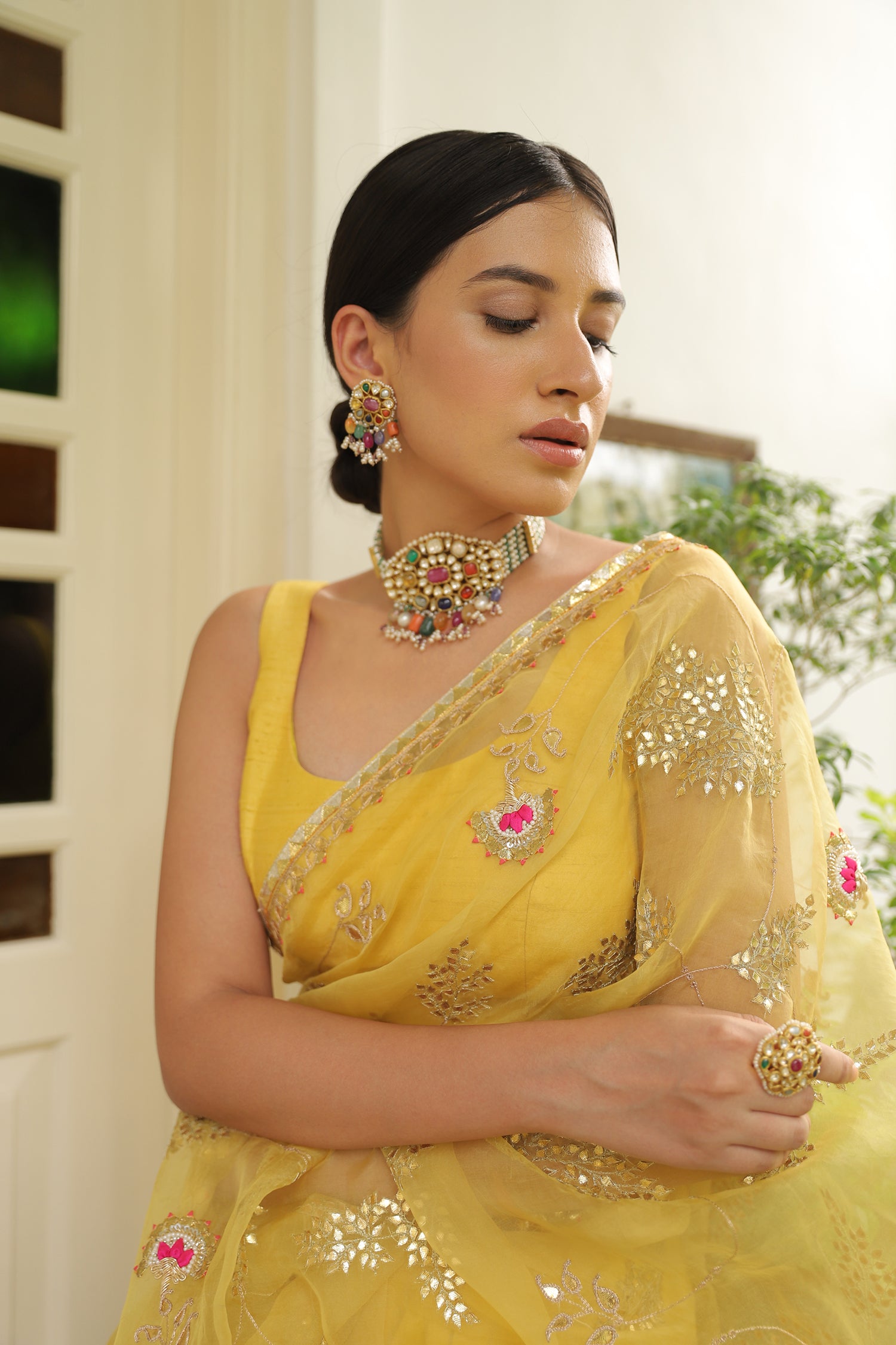 Yellow Hand Embroidered Gota Patti Jaal Saree Set