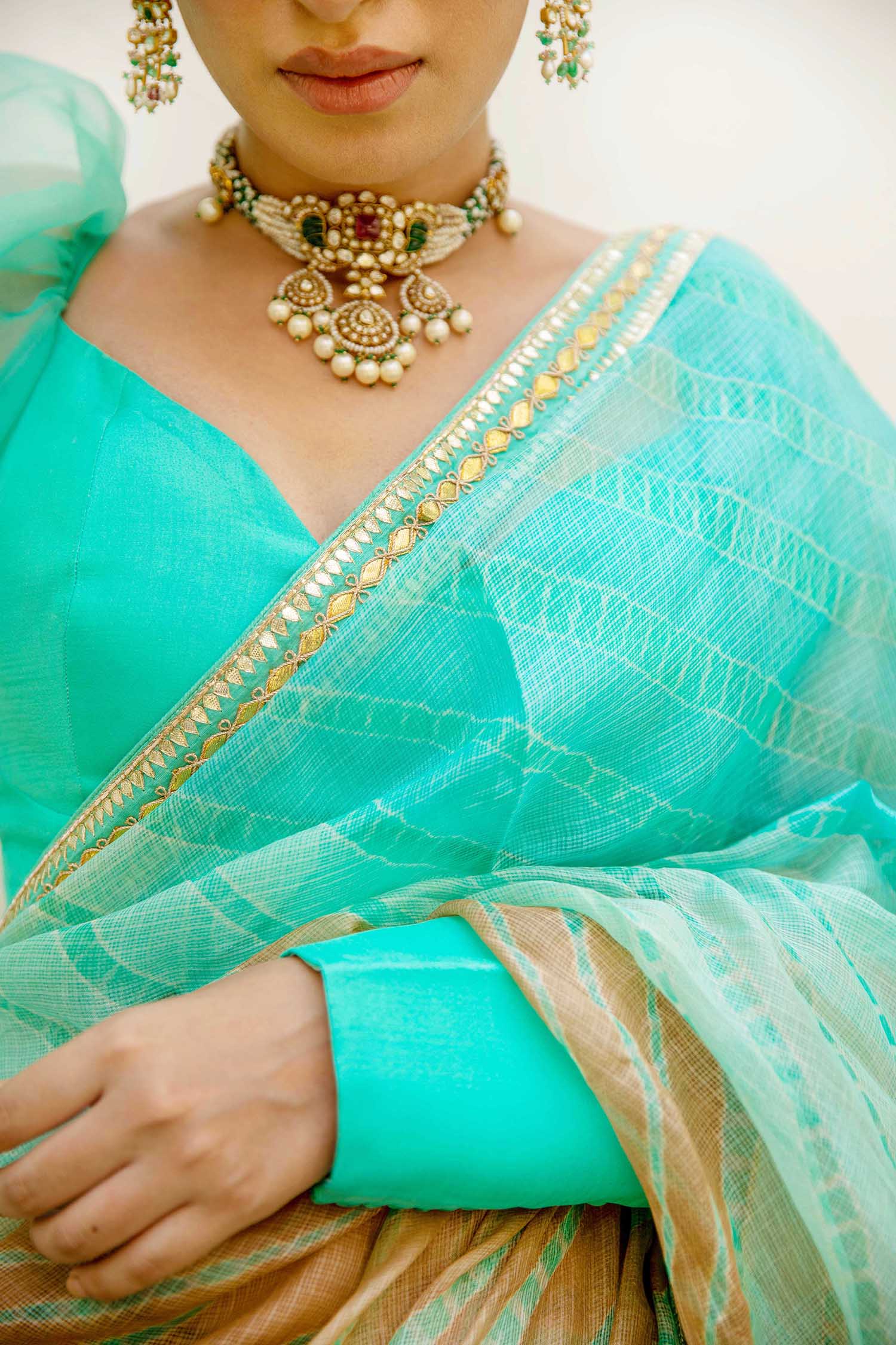 Sea Green Hand Embroidered Lahariya Saree Set