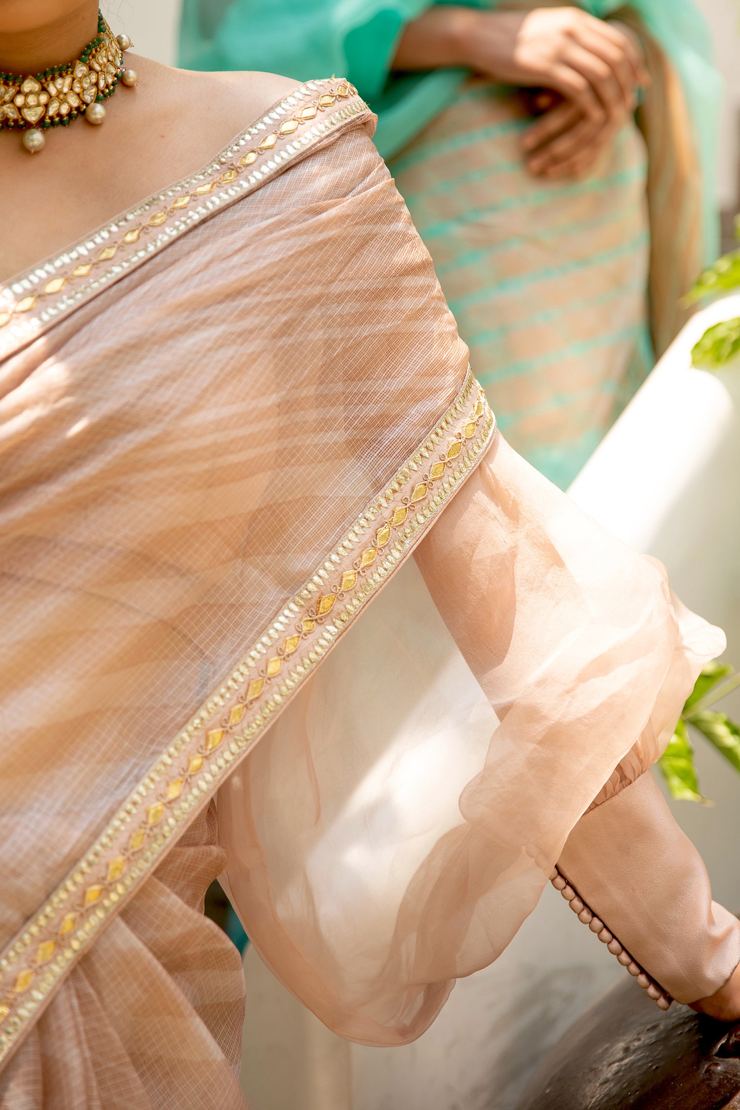 Beige Nude Hand Embroidered Lahariya Saree Set