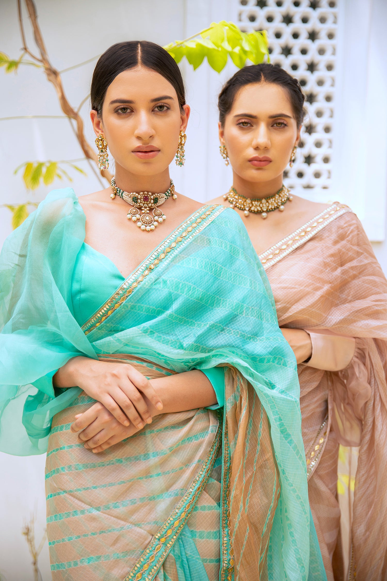 Sea Green Hand Embroidered Lahariya Saree Set