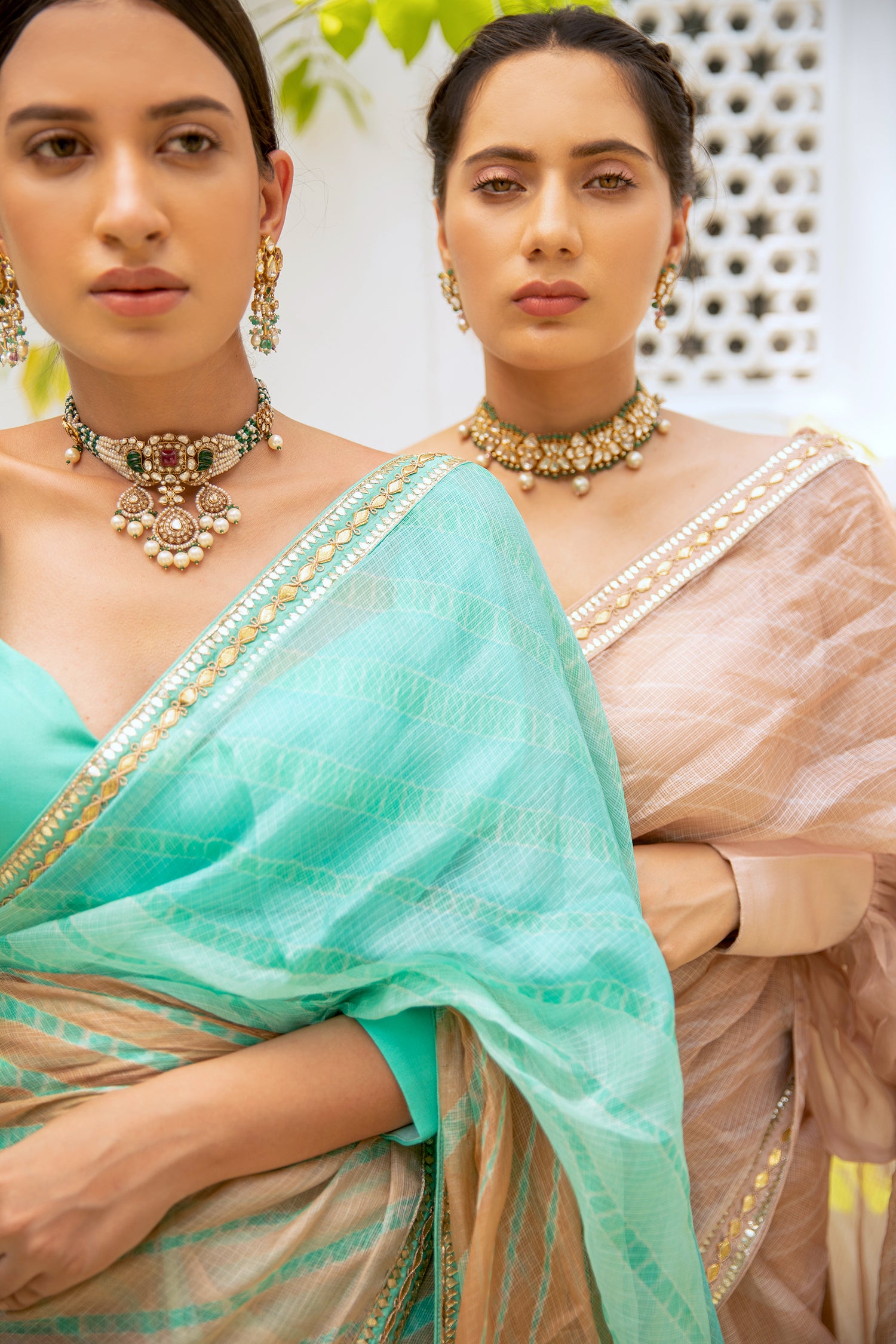 Beige Nude Hand Embroidered Lahariya Saree Set