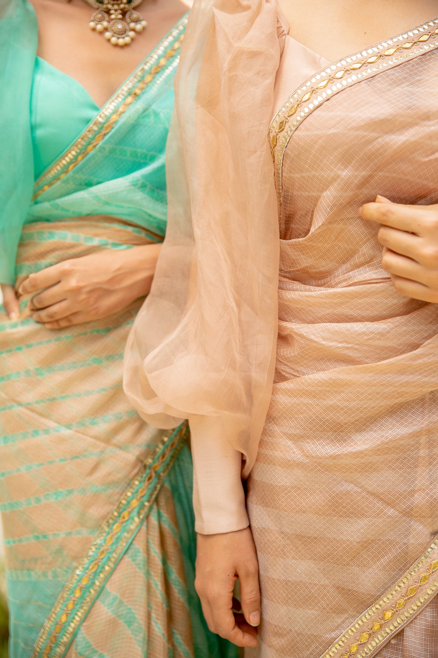 Beige Nude Hand Embroidered Lahariya Saree Set