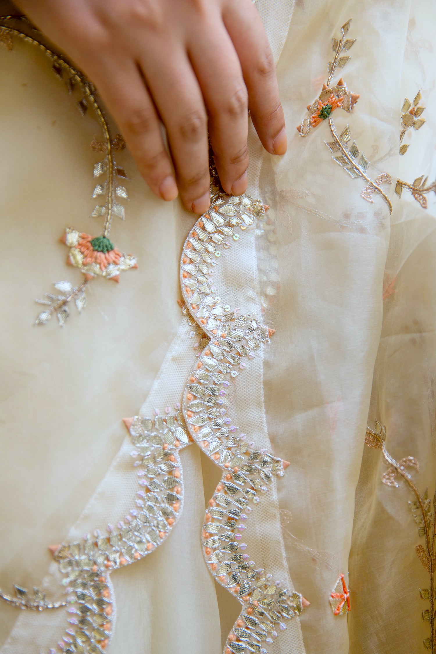 Ivory Hand Embroidered Jaal Saree Set
